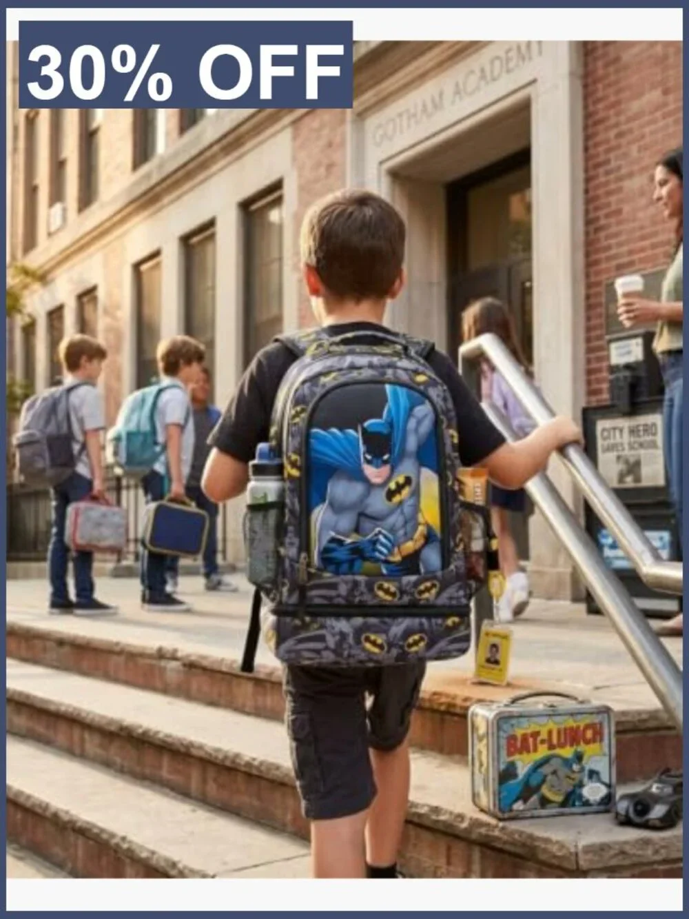 Kids Batman Backpack with Insulated Lunch Pocket and Padded Straps